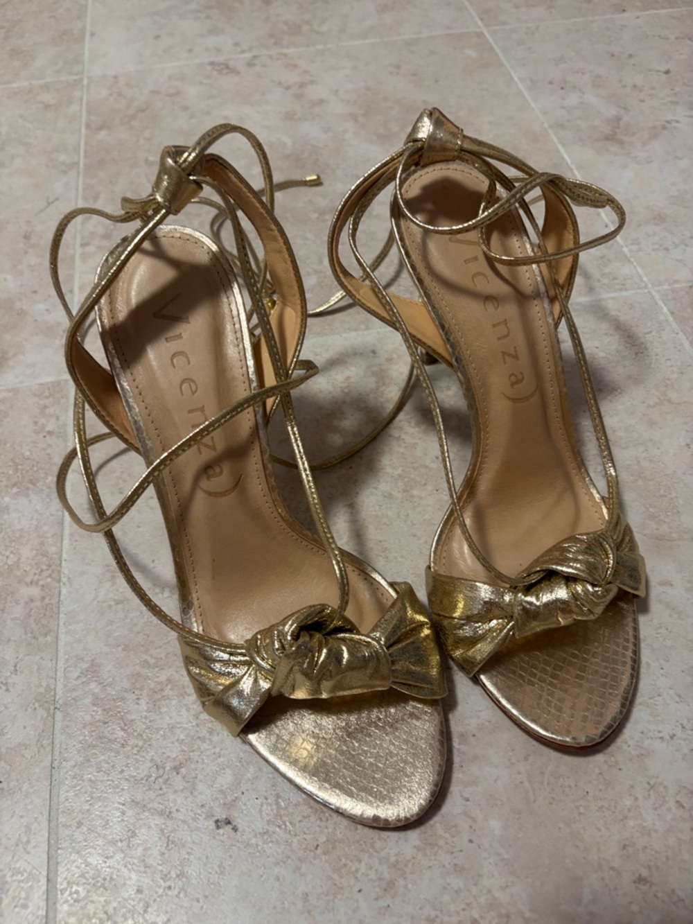 Vincenza Gold Knot-Front Lace-Up Heels